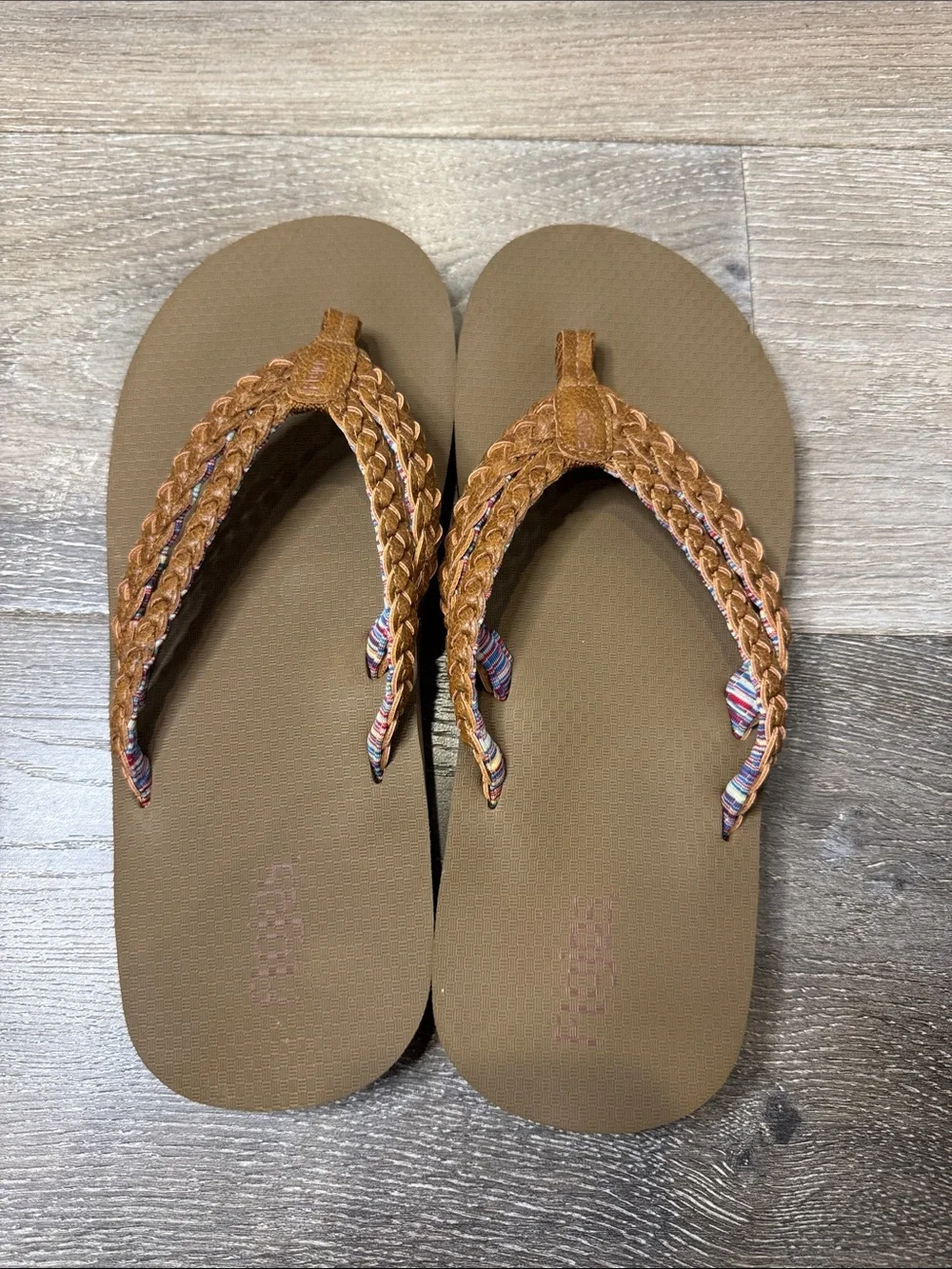 Flojos Braided Tan and Multicolor Strap Women's Flip Flops MK